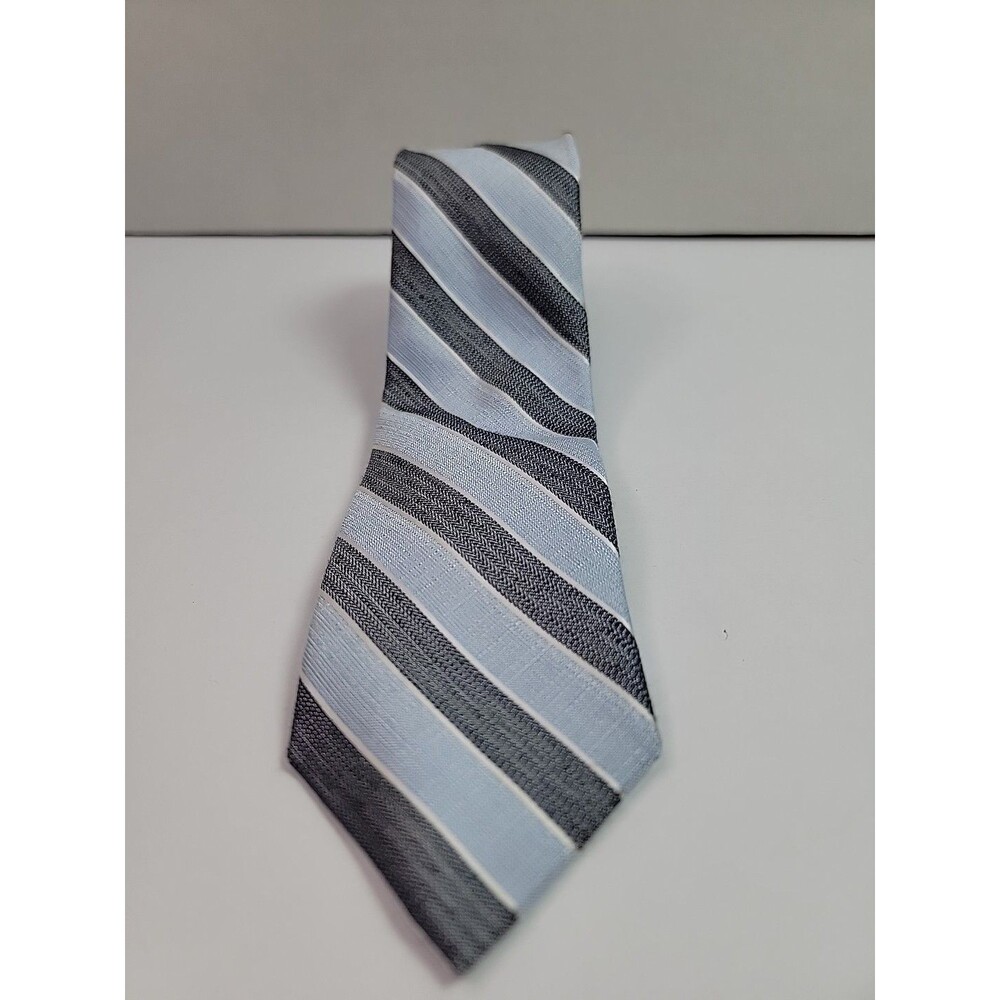 Ryan Seacrest Distinction Silk Linen Necktie Blue Gray Silver Striped Mens Tie